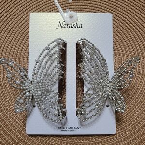 Natasha Couture Metallic Silver Faux Pearls Crystals Butterfly Hair Clip Set
